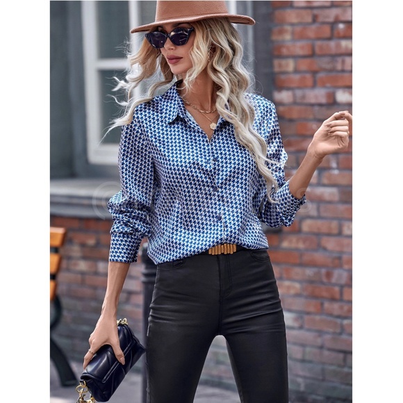 Blue Casual Satin Printed Button Up / Down Shirt Long Sleeve Collar - Picture 4 of 8